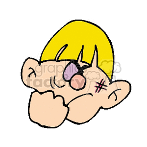 A cartoon illustration of a boy with a black eye and an angry expression.