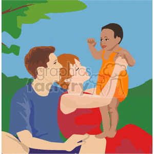 Illustration of a happy family with parents holding a baby outdoors.