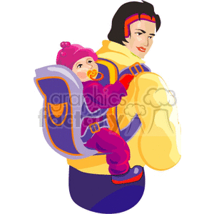 A clipart image depicting a parent carrying a baby in a hiking backpack. The parent wears a yellow jacket and the baby is dressed in pink with a pacifier.