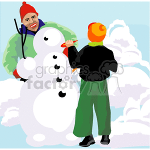 A person and a child building a snowman together on a snowy winter day.