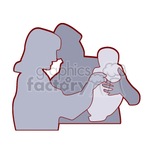 Silhouette of a family with two parents and a baby, representing love and care.