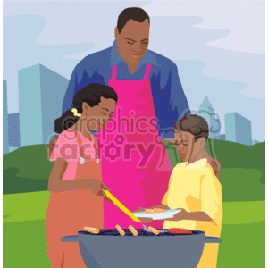 In this clipart image, there is a family consisting of three people, possibly representing a mother, a father, and a child. They are outdoors which looks like a park area with some city buildings in the far background suggesting that they might be in an urban park setting. The father is in the center wearing a pink apron, standing behind a grill with food items on it, suggesting that he is grilling. The mother is to his left and the child to the right, both appearing to be involved in the cooking activity. They seem focused on the grill, and the mother is holding tongs transferring food onto a plate that the child is holding. The atmosphere is casual and familial, indicating a leisurely outdoor cooking or barbeque scene.