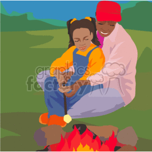 The clipart image shows an African American parent and child enjoying a moment together around a campfire. The parent is wearing a red hat and a pink top, and the child is in a blue and yellow outfit, with both having a joyful time, possibly roasting marshmallows.