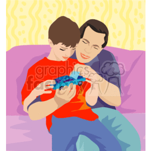 The clipart image features an adult, possibly a father, and a child who appears to be a boy sitting closely together on a couch. The child is holding a toy car, and both are focusing on it. The adult has an arm around the child, displaying affection and a bond between parent and child. The background is simple with decorative elements, suggesting a cozy indoor setting.