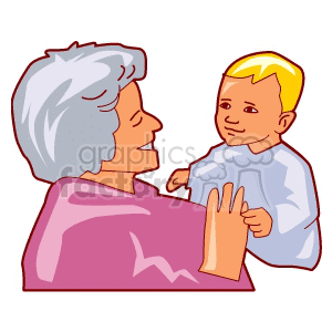 A cheerful illustration showing an elderly woman holding a smiling baby, symbolizing family love and connection.