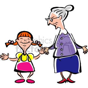 The clipart image depicts a happy interaction between an elderly woman and a young girl. The woman appears to be a grandmother with her hair up in a bun, wearing glasses, a purple and white top, a blue skirt, and red shoes. The young girl has orange hair fashioned in pigtails with red bows, a smile on her face, wearing a yellow dress with a pink collar, and pink shoes.