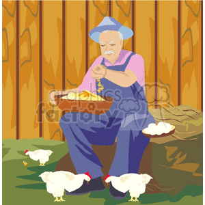 An illustration of a farmer feeding chickens with grains on a farm.