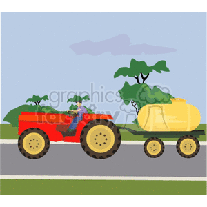 Clipart image of a person driving a red tractor pulling a yellow tank on a road with trees in the background.