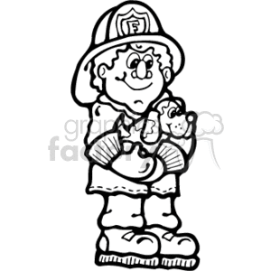 The image is a line art drawing of a country-style firefighter holding a puppy in one arm, suggesting a rescue scenario. The firefighter is dressed in traditional firefighting gear, including a helmet with a badge that has the letter 'F', and boots. The character depicted has a friendly and heroic appearance, consistent with the role of firefighters who are often seen as heroes. The image is in a simple black and white clipart style, suitable for coloring activities or as a basic graphic on various media.