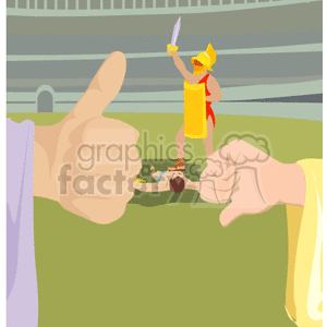 A gladiator in medieval attire stands victorious in a Roman coliseum, holding a sword. In the foreground, two hands are shown, one with a thumbs up and the other with a thumbs down, depicting the decision of life or death.