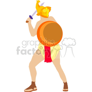 Illustration of a gladiator holding a sword and shield, wearing a helmet and traditional attire.