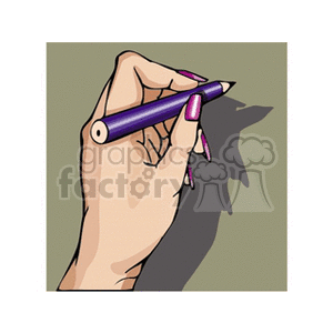 Clipart image of a hand with painted nails holding a purple pencil.