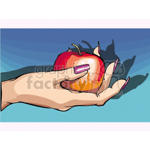 Clipart image of a hand with painted nails holding a red apple against a blue background.