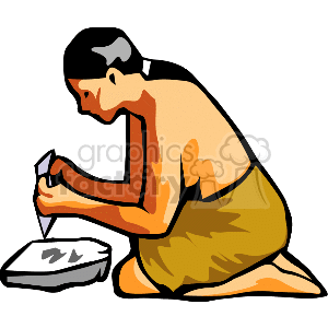 The clipart image depicts a stylized representation of a Native American person engaged in an activity, possibly grinding grain or using tools. The figure is shown kneeling and focused on the task, with traditional attire suggested by the design.