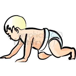 The clipart image depicts a cartoon of a baby crawling. The baby is illustrated with a simple style, featuring minimal shading and detailing. The baby appears to be wearing a diaper.