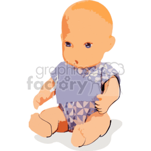The image depicts a clipart of a baby doll. The doll appears to be sitting, with a slight look of curiosity or engagement. It's dressed in a patterned violet outfit and looks like a typical toy doll that children might play with.
