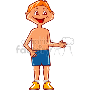 A smiling boy with no shirt and blue shorts