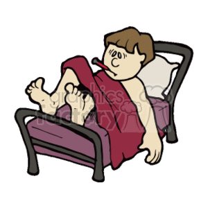 The clipart image depicts a child resting in bed with a sick or uncomfortable expression on his face. The child appears to be a boy, and he is partially covered with a blanket, reclining on a pillow and a bed with a metal frame. His forehead is wrinkled, possibly indicating discomfort or a headache, which are common symptoms of illness like the flu.