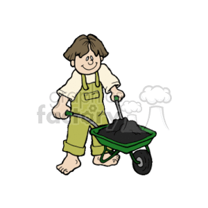 This clipart image depicts a cartoon of a boy with brown hair, standing and holding a green wheelbarrow filled with what appears to be black soil or dirt. He is wearing a light green shirt, yellowish-green overalls, and seems to be barefoot.