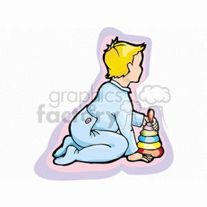 Toddler in a blue pajama playing with stacking rings