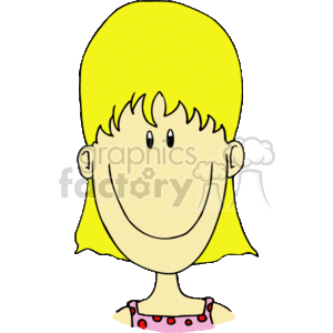   The image depicts a cartoon of a smiling girl with blonde hair. She is shown from the shoulders up, displaying a happy face with minimalistic features. The girl