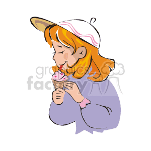 The image depicts a young girl with orange hair wearing a light hat, a purple sweater, and licking a pink ice cream cone. She appears to be enjoying her treat.