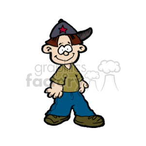 The clipart image depicts a cartoon-style boy smiling. He is wearing a cap with a star on it, a casual t-shirt, and loose-fitting pants. He also appears to be wearing shoes that match his pants.