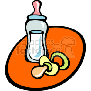 The clipart image shows a baby bottle with a pink nipple on top, filled with a white liquid which could represent milk, and a baby's pacifier with a yellow handle and a tan nipple. Both items are resting on an orange surface that could represent a table or mat.