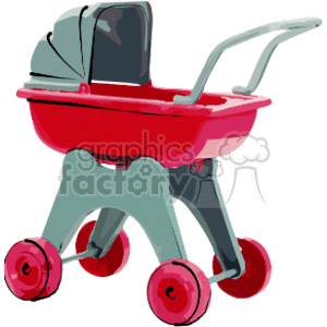   An old fashioned baby buggy that is red and gray 