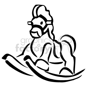 The image is a line drawing of a rocking horse, which is a child's toy traditionally shaped like a horse and mounted on rockers similar to a rocking chair.