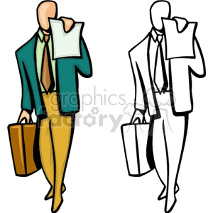 Clipart of a businessman holding papers and a briefcase, depicted in both colored and outlined versions.