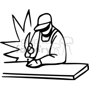 Black and white industrial worker hammering on a board 