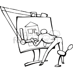 The clipart image features a stylized representation of an architect engaged in drafting or drawing. The architect is working at a tilted drafting table with a house design visible on the paper. The setting suggests an architectural studio or workspace, with the person using drafting tools to create or modify a blueprint or plan.