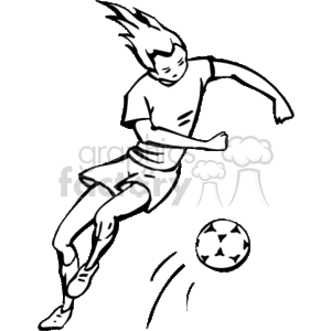 The clipart image shows a stylized depiction of a female soccer player in motion, controlling a soccer ball. The player has her hair tied back and is dressed in shorts and a T-shirt, indicating active play. It's a black and white image, suitable for representing themes of sports, athleticism, and female participation in soccer.