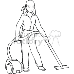 The image is a line art clipart that features a person in a maid uniform with a vacuum cleaner. The individual is depicted in a mid-action pose, appearing to be in the process of cleaning a floor with the vacuum cleaner.