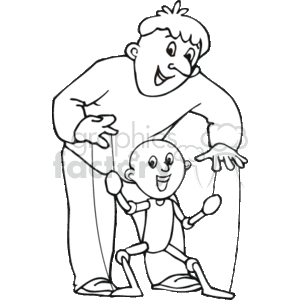 The clipart image shows a person operating a marionette, demonstrating the occupation of a puppet master. The puppet master is manipulating the strings of the puppet, which appears animated and happy, as indicated by the smile on its face.