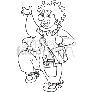 The clipart image depicts a clown in a traditional comedic outfit, complete with a curly wig, oversized shoes, and a ruffled collar. The clown has a welcoming gesture with one hand raised, and the other holding a bucket with what looks to be bottles of possibly seltzer or other gag props typically used by clowns. The style of the image is an outline, which could be used for coloring or as a template for various creative projects.