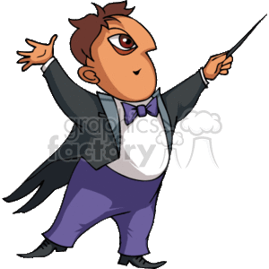 The clipart image depicts an animated character dressed as an orchestra conductor or composer. The character is wearing a formal black tailcoat with a white shirt and bow tie, paired with purple trousers. The conductor is holding a conductor's baton in one hand and appears to be in the middle of directing a performance, with a confident, focused expression and a raised hand.
