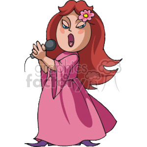 The clipart image depicts a cartoon female singer wearing a pink dress. She has long, flowing red hair with a flower adornment and is holding a microphone with one hand. Her expression is one of passion and intensity as if she is in the midst of a performance.
