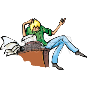 The clipart image features a frustrated writer or author. The person is seated at a desk with a stack of papers flying off to one side, symbolizing a sense of being overwhelmed or having writer's block. The individual has an agitated expression, with one hand on their head and the other raised in the air. The attire is casual with a green shirt and blue jeans, and the desk appears to be made of wood.