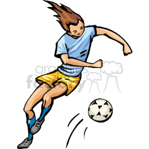 This clipart image features a stylized depiction of a young female soccer player in action. She is wearing a light blue t-shirt, yellow shorts, and soccer cleats. Her hair is flowing backward as she focuses on a soccer ball that she seems to be kicking or about to kick during gameplay.