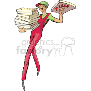   The clipart image depicts a pizza delivery person in a dynamic pose, cheerfully carrying a stack of pizza boxes. The individual is wearing a casual uniform consisting of a visor, a shirt with a pizzeria logo, and comfortable pants, indicative of their role as a pizza delivery worker. They