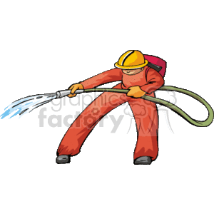 The clipart image depicts a firefighter in full gear, holding a hose with water spraying from the nozzle. The firefighter is wearing a helmet, safety goggles, and protective clothing, which is typically the uniform for firefighting professionals.