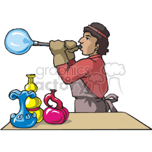 The clipart image depicts an individual engaged in the craft of glassblowing. The person is shown blowing into a long tube to shape molten glass, which is beginning to expand into a bubble at the end of the tube. On a table in front of the glassblower are three colorful glass pieces — two vases and a sort of decorative container — showcasing the results of the glassblowing process.