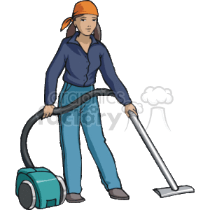The image depicts a woman in work attire, using a vacuum cleaner. She is likely representing the occupation of a cleaning lady or maid. She is wearing a blue shirt, blue pants, and has a headscarf, which suggests she might be involved in manual labor or domestic work. The vacuum cleaner is of a canister type.