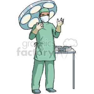   The clipart image features an individual wearing surgical scrubs, a surgical mask, and a cap, typically worn by medical staff in an operating room. The person is standing with one hand raised as if gesturing or preparing to perform a procedure, and behind them is an overhead surgical light commonly used in surgeries to provide high-intensity illumination. There
