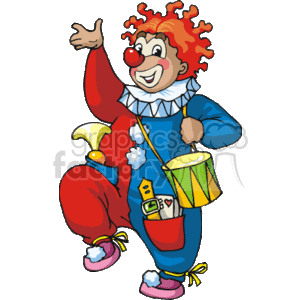   This clipart image features a colorful clown in a traditional clown costume with oversized shoes, a ruffled collar, and a red nose. The clown has curly red hair and is wearing a blue jumpsuit with bright red sleeves and yellow accents. He is holding a drum in one hand and appears to be reaching out or gesturing with the other hand. The clown also has a pocket full of tricks or toys such as cards and a handheld buzzer, which are typical for a clown