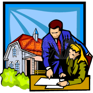 The clipart image depicts two individuals, likely a real estate agent and a client, engaged in a discussion or transaction over some documents, possibly related to the purchase or sale of a house. In the background, there is an illustration of a house with a red roof, symbolizing the real estate theme. The characters appear professional, and their interaction suggests a service or consultative relationship in the context of real estate.