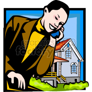   The clipart image depicts a person, who appears to be a real estate agent (realtor), talking on a mobile phone. The agent is standing in front of a stylized image of a house, which implies that they are possibly discussing something related to the sale or purchase of the property. The background includes a blue framed window, suggesting an office setting. The agent is smiling, indicating a pleasant or successful conversation. 