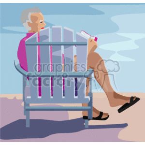   This image features a senior man sitting on a beach chair and reading a book. He appears relaxed and is dressed in light summer clothing suitable for a beach environment. The setting suggests it